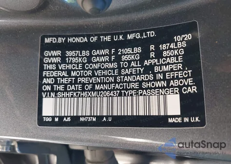 2021 Honda Civic Ex z USA, uszkodzony, nr VIN SHHFK7H6XMU206437